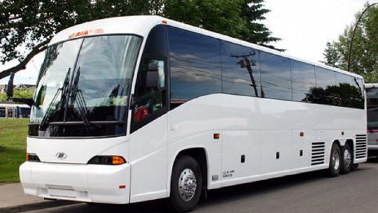 What standard amenities are included in a full-size charter bus?